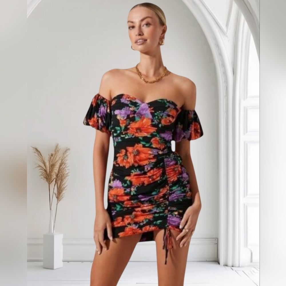 ASTR THE LABEL Floral Ruched Off The Shoulder Puff Sleeve Dress M NWT Brunch